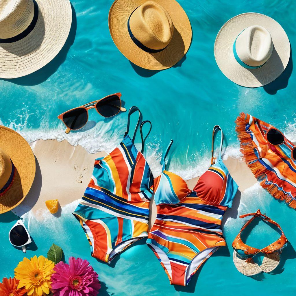 A stunning beach scene featuring a vibrant array of two-piece swimsuits in various stylish designs, lounging models exuding effortless elegance. Include a backdrop of turquoise waves gently crashing on the shore, fluffy white clouds, and bright sun rays shining down. Add colorful beach accessories like hats and sunglasses to enhance the summer vibe. Focus on warm colors that evoke a sense of relaxation and luxury. vibrant colors. super-realistic.